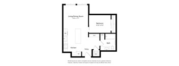 A floor plan of a small apartment with a living/dining room, kitchen, bathroom, and bedroom.