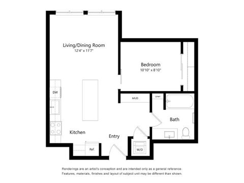 A floor plan of a small apartment with a living/dining room, kitchen, bathroom, and bedroom.