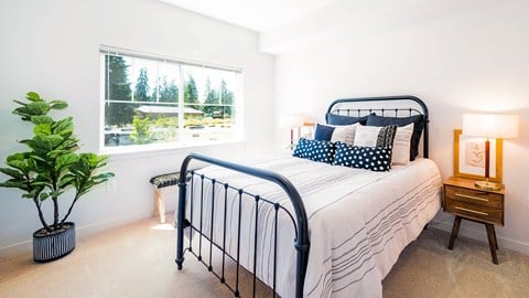 A bedroom with a large bed and a potted plant.