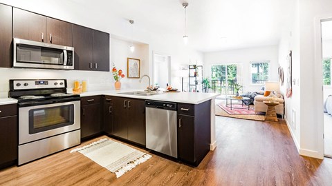 A modern kitchen with dark brown cabinets and stainless steel appliances.