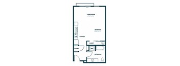 A floor plan of a small apartment with a living room, bedroom, kitchen, and bathroom.