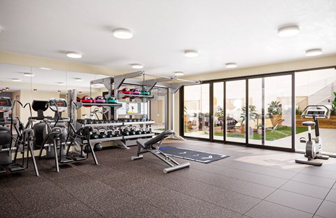 A gym with a variety of equipment including treadmills, stationary bikes, and weight machines.