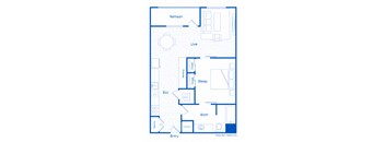 A floor plan of a house with a living room, bedroom, bathroom, and kitchen.