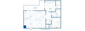 A blueprint of a house layout with labeled rooms such as bedrooms, bathrooms, and a kitchen.