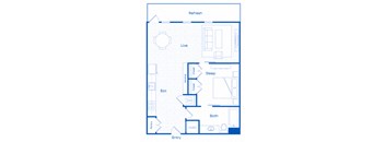A floor plan of a small apartment with a living room, sleeping area, bathroom, kitchen, and entry.