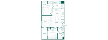 A floor plan of a house with labeled rooms such as sleep, eat, live, and refresh.