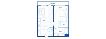 A floor plan of a house with labeled rooms such as "Refresh," "Sleep," "Live," "Eat," "Bath," "WIC," and "Entry."
