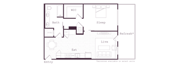 A floor plan of a room with a bath, sleeping area, and a living area.