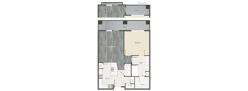 A floor plan of a home with a bedroom, a kitchen, a dining room, and a bathroom.