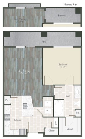 A floor plan of a home with a bedroom, a kitchen, a dining room, and a bathroom.