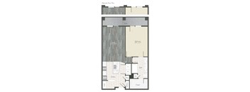 A floor plan of an apartment with a bedroom, kitchen, and bathroom.