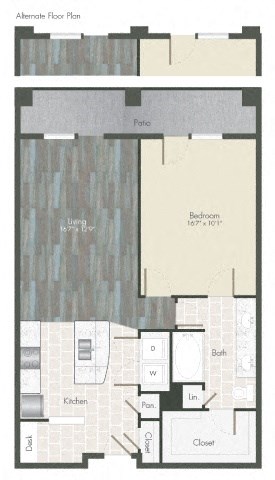 A floor plan of an apartment with a bedroom, kitchen, and bathroom.