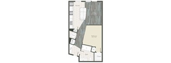 A floor plan of a living space with a kitchen, pantry, bedroom, bathroom, closet, and desk.