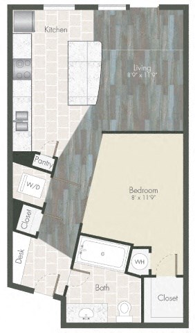 A floor plan of a living space with a kitchen, pantry, bedroom, bathroom, closet, and desk.