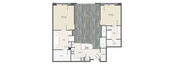 A floor plan of a house with two bedrooms, a living room, a kitchen, a dining room, a bathroom, a powder room, and a closet.