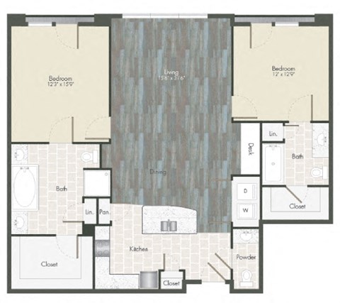 A floor plan of a house with two bedrooms, a living room, a kitchen, a dining room, a bathroom, a powder room, and a closet.