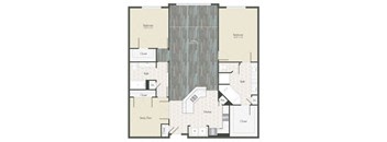 A floor plan of a house with two bedrooms, a living room, a study/den, two bathrooms, a kitchen, and a closet.