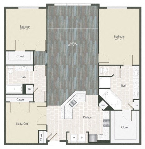 A floor plan of a house with two bedrooms, a living room, a study/den, two bathrooms, a kitchen, and a closet.