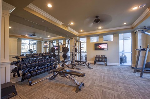 A spacious home gym with a variety of exercise equipment.