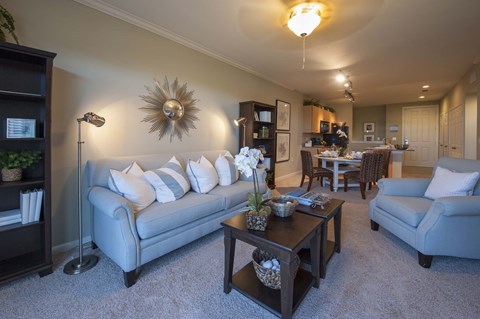 A living room with a grey couch, a coffee table, and a large mirror on the wall.