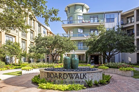 A fountain in front of Boardwalk at Town Center.