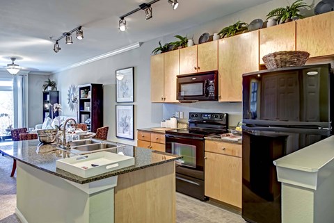 A kitchen with wooden cabinets and a granite countertop.