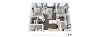 A floor plan of a small apartment with a kitchen, living room, and bedrooms.