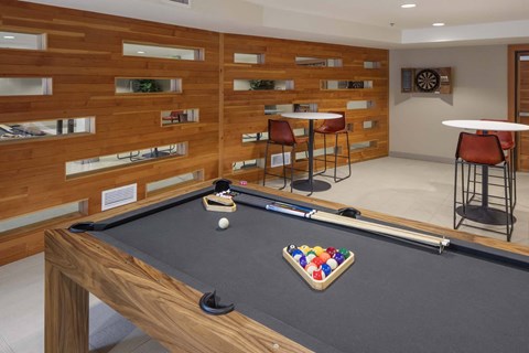 A pool table with a green cloth and a white cue ball.