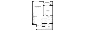 A black and white image of a floor plan for a home with a living/dining room, kitchen, bedroom, bath, and walk-in closet.