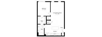 A black and white image of a floor plan for a home with a bedroom, living/dining room, kitchen, bath, and walk-in closet.