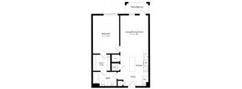 A black and white image of a floor plan for a home with a patio/balcony, bedroom, living/dining room, kitchen, bath, and walk-in closet.