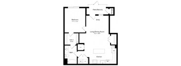 A black and white image of a house floor plan with a bedroom, living/dining room, kitchen, bath, and walk-in closet.