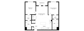 A black and white image of a floor plan for a home with two bedrooms, a living/dining room, a kitchen, two bathrooms, and a patio/balcony.