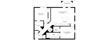 A black and white image of a house floor plan with a living room, two bedrooms, a kitchen, and a bathroom.