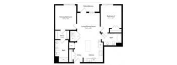 A black and white image of a house floor plan with a living/dining room, kitchen, two bathrooms, and two bedrooms.