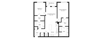 A black and white image of a house floor plan with a living room, two bedrooms, a kitchen, and a bathroom.