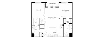 A black and white image of a floor plan for a home with a living room, kitchen, two bedrooms, and bathrooms.