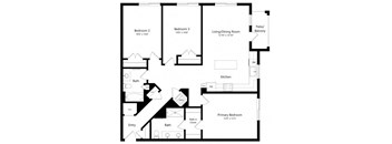 A black and white image of a house floor plan with a living room, kitchen, and three bedrooms.