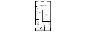 A floor plan of a small apartment with a living/dining room, kitchen, bedroom, bathroom, and entry.