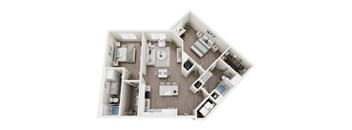 A top-down view of a small apartment layout with a kitchen, living room, and bathroom.