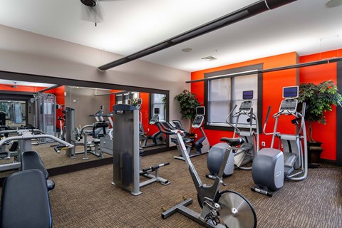A gym with a variety of equipment including treadmills, weights, and exercise machines.