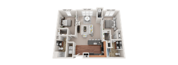 A 3D floor plan of a small apartment with a living room, kitchen, and two bedrooms.
