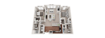 A 3D floor plan of a two-bedroom apartment with a living room, kitchen, and bathroom.