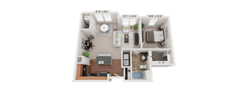 A 3D floor plan of a house with a kitchen, living room, bedrooms, and bathrooms.