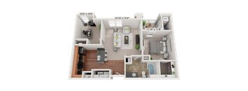 A 3D rendered image of a house layout with dimensions.