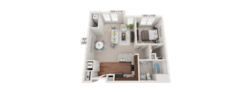 A 3D floor plan of a small apartment with a kitchen, living room, and bathroom.