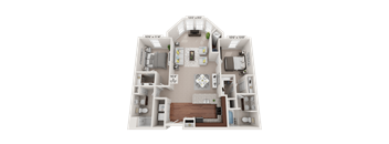A 3D floor plan of a house showing the layout of the rooms.