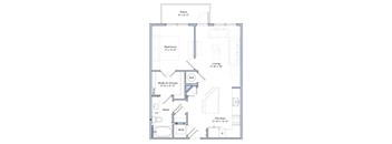 A floor plan of a house with a patio, bedroom, living room, walk-in closet, bath, kitchen, and laundry area.