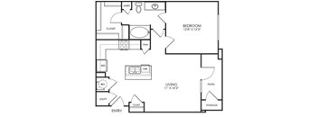 A black and white floor plan of a bedroom, living room, and storage area.