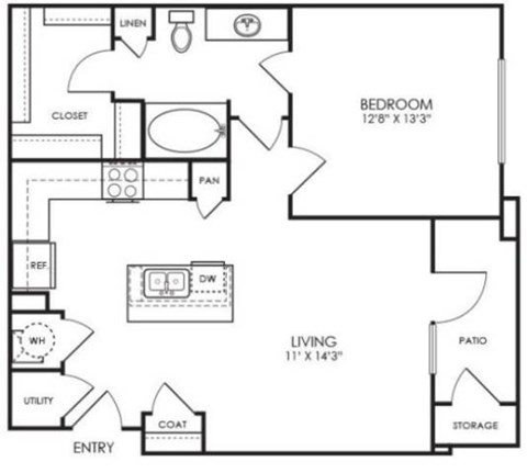 A black and white floor plan of a bedroom, living room, and storage area.